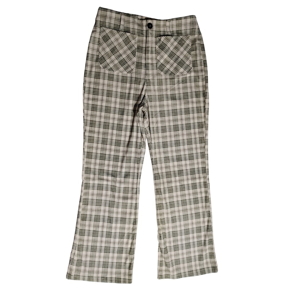 Lulus High‎ Waisted Plaid Wide Leg Pants Green Cream Size M 1PM81001 Retro 70s